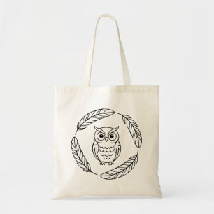 Tote Bag Chouette folklorique en ligne entourée de plumes