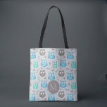 Tote Bag Chouette gris bleu mou Motif Monogramme<br><div class="desc">Jolie petite chouette motif en bleu et gris avec monogramme en option.</div>