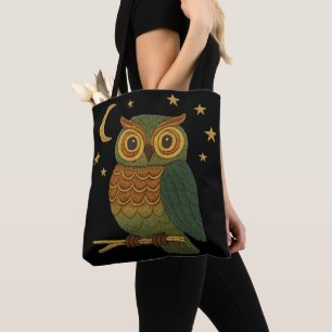 Tote Bag Chouette mignonne sur une branche brodée, look uni