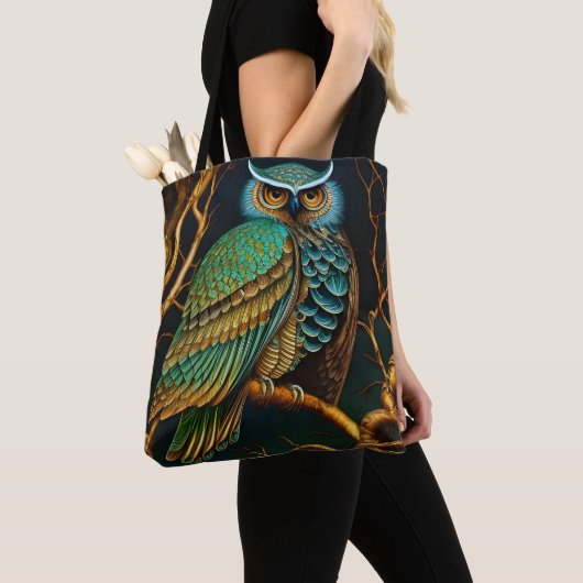 Tote Bag Chouette Turquoise et Or (De près)