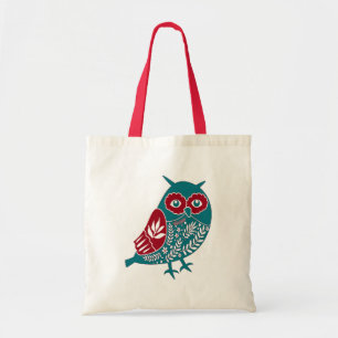 Tote Bag Chouette Vintage nordique rouge et bleue