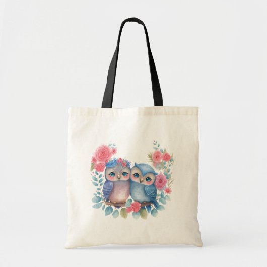 Tote Bag Chouettes amoureuses Assis sur une branche d'arbre (Devant)