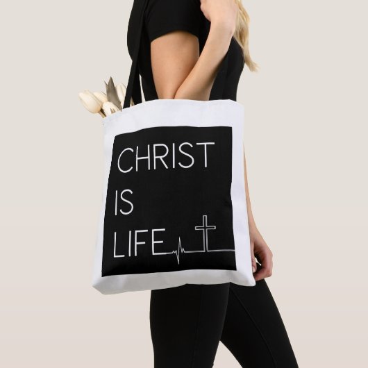 Tote Bag Christ est la vie Heartbeat Line et Cross (De près)
