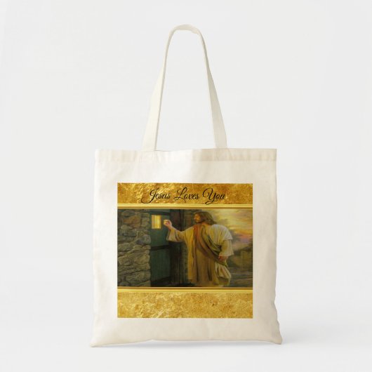 Tote Bag Christ frappe sur une porte Patinée en bois or (Devant)