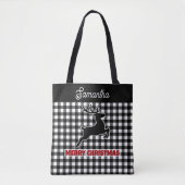 Tote Bag Christmas Black & White Plaid Reindeer Custom Name (Devant)