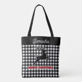 Tote Bag Christmas Black & White Plaid Reindeer Custom Name (Dos)