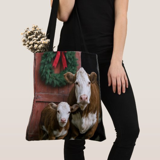 Tote Bag Christmas Hereford Cow and Calf (De près)
