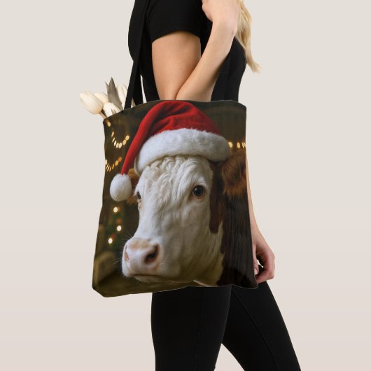 Tote Bag Christmas Hereford Cow Wearing a Santa Hat (De près)