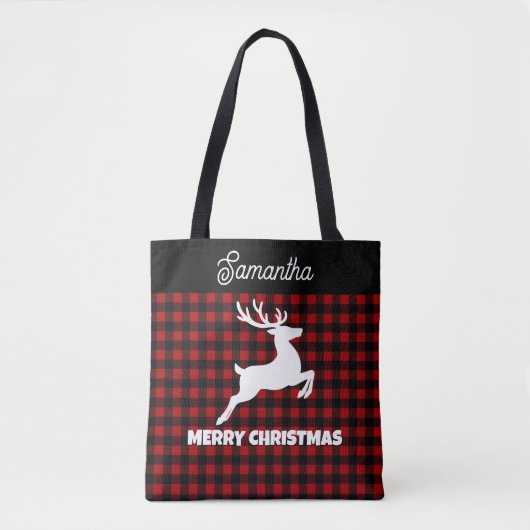Tote Bag Christmas Red & Black Plaid Reindeer Custom Name (Devant)