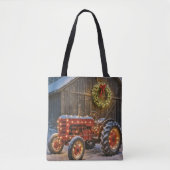 Tote Bag Christmas Red Farm Tractor With Glowing Wreath (Devant)