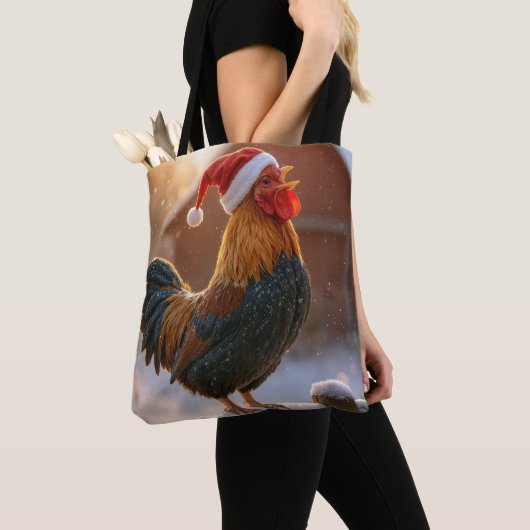 Tote Bag Christmas Rooster Wearing a Santa Hat (De près)