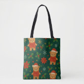Tote Bag Christmas Teddy Bear Pattern – Cute Green Holiday  (Devant)