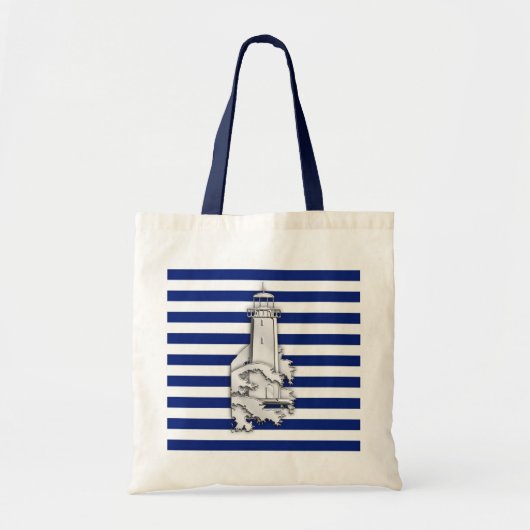 Tote Bag Chromes Style Lighthouse on Blue Nautical Stripes (Devant)