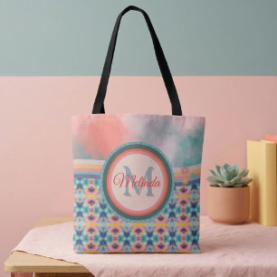 Tote Bag Ciel bohème sarcelle, motif orange et rose