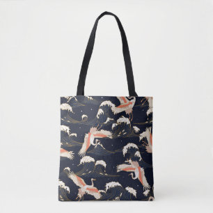Tote Bag cigognes japonaises en style vintage sur fond vert