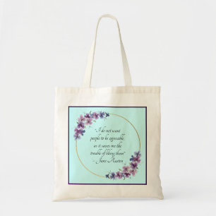 Tote Bag Citation de Jane Austen avec cadre doré et fleurs