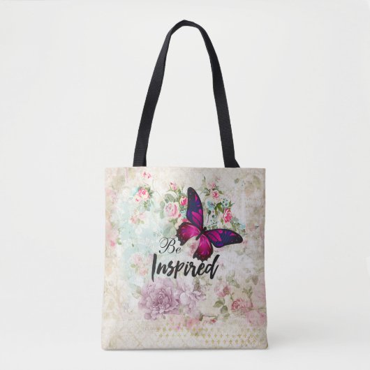 Tote Bag Citation inspirée et collage de papillon rose (Devant)
