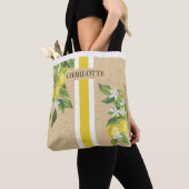 Tote Bag Citrons et fleurs Monogram Faux Burlap Jute (De près)