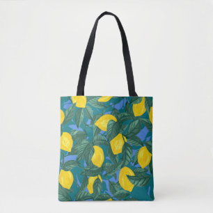 Tote Bag Citrons, feuille : motif tropical d'agrumes.