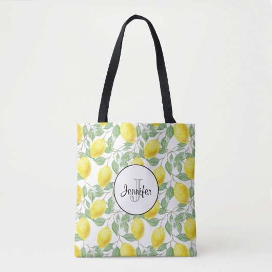 Tote Bag Citrons jaunes avec Monogramme Motif vert (Devant)