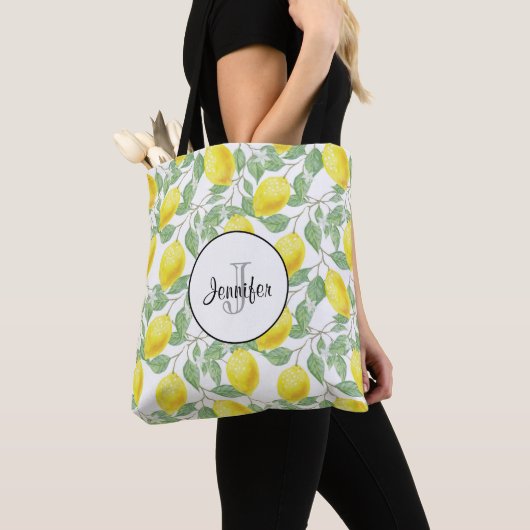 Tote Bag Citrons jaunes avec Monogramme Motif vert (De près)