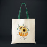 Tote Bag Citrouille aquarelle avec Sunflowers Bridesmaid<br><div class="desc">Beau sac fourre-tout à thème d'automne. Il présente des illustrations d'aquarelle d'un citrouille avec des tournesols,  des feuilles d'aulyptus et du coton. Personnalisez en ajoutant des noms. Ce sac fourre-tout citrouille est parfait comme un cadeau d'anniversaire d'automne personnalisé et un cadeau d'action de grâce.</div>