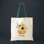 Tote Bag Citrouille aquarelle avec Sunflowers Bridesmaid<br><div class="desc">Beau sac fourre-tout à thème d'automne. Il présente des illustrations d'aquarelle d'un citrouille avec des tournesols,  des feuilles d'aulyptus et du coton. Personnalisez en ajoutant des noms. Ce sac fourre-tout citrouille est parfait comme un cadeau d'anniversaire d'automne personnalisé et un cadeau d'action de grâce.</div>