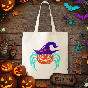 Tote Bag Citrouille araignée et chapeau de sorcière d'Hallo