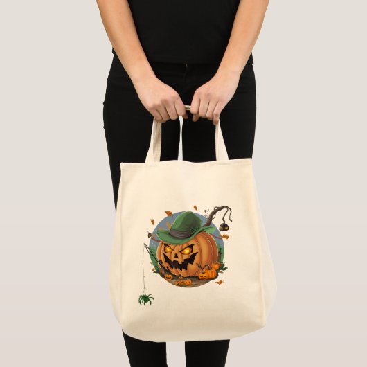 Tote Bag Citrouille attrape l'araignée pour Halloween (Devant (produit))