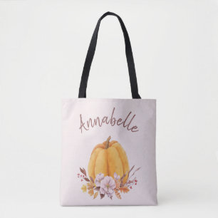Tote Bag Citrouille floral rose pâle Automne Nom de l'autom