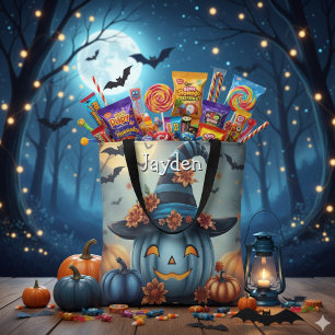 Tote Bag Citrouille Halloween bleue personnalisée