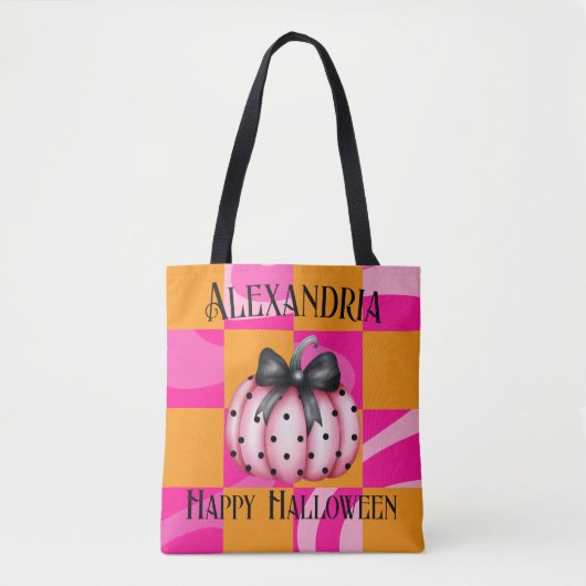 Tote Bag Citrouille Halloween personnalisé Bow rose orange (Devant)