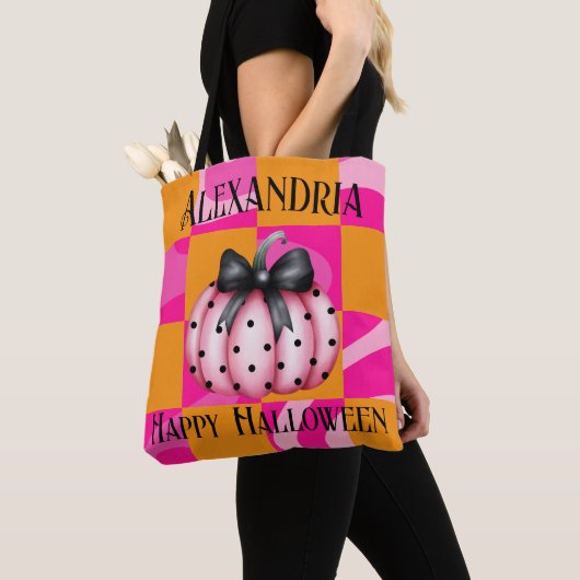 Tote Bag Citrouille Halloween personnalisé Bow rose orange (De près)