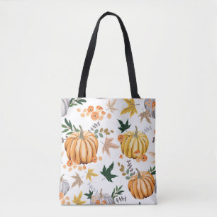 Tote Bag Citrouille orange d'automne et fleurs motif