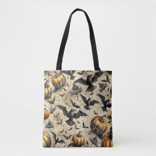 Tote Bag Citrouilles, corbeaux et chauves-souris Motif d'Ha