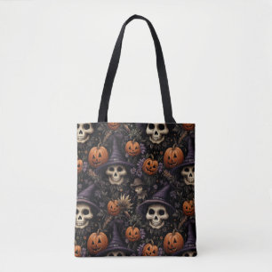 Tote Bag Citrouilles Crânes Fleurs Halloween