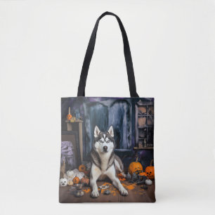 Tote Bag Citrouilles Épouvantables Halloween Husky Sibérien