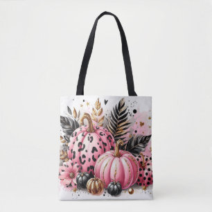 Tote Bag Citrouilles et plumes roses et noirs Fourre-tout