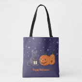 Tote Bag Citrouilles Lanterne Chat Noir Halloween Violet (Devant)