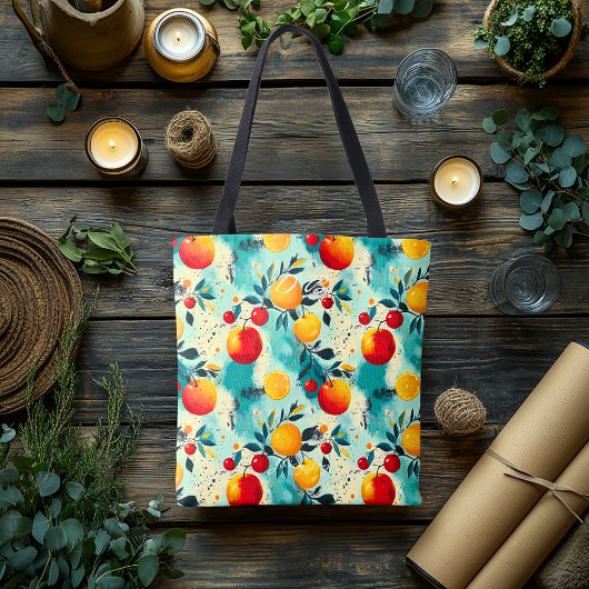 Tote Bag Citrus et cerises vibrants - Initiales personnalis