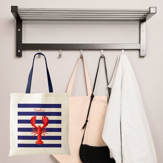 Tote Bag Classic bleu blanc rayures rouge homard nom