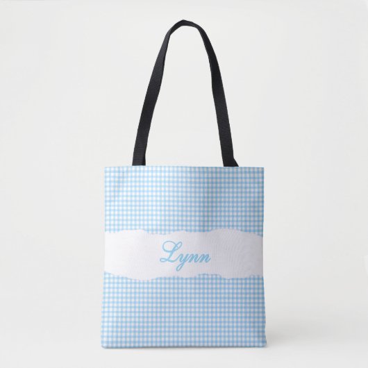 Tote Bag Classic Blue & White Gingham | Personalized Name (Devant)