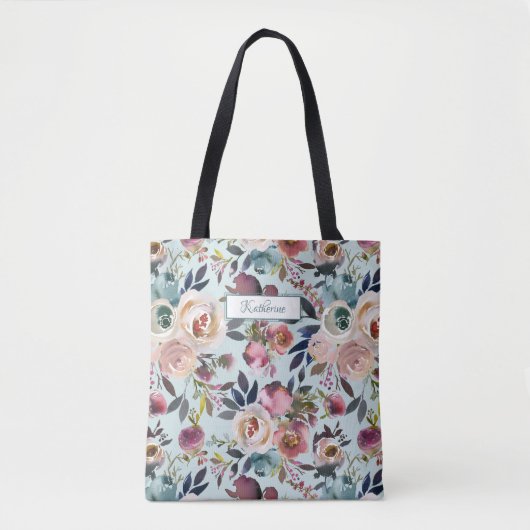Tote Bag Classic Nommé Dusty Vert Bleu Rose Floral (Devant)