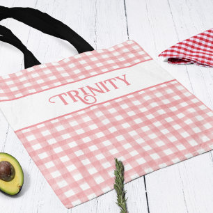 Tote Bag Classic rose et blanc En vichy Plaid Personnalisé