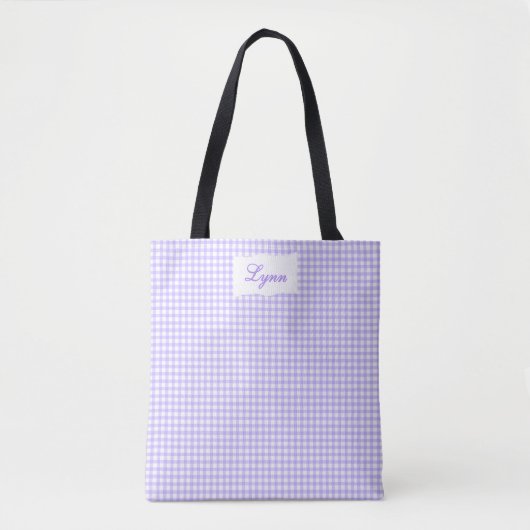 Tote Bag Classique Gingham Violet & Blanc | Nom Personnalis (Devant)
