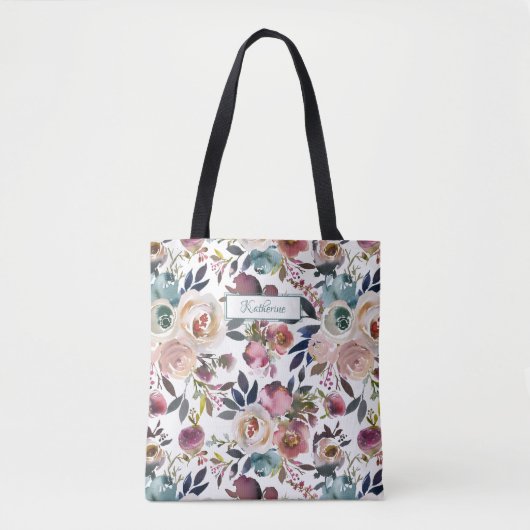 Tote Bag Classique Nommé Crème Bleu Rose Bleu Vert Floral (Devant)
