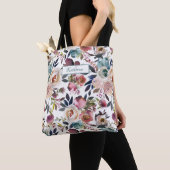 Tote Bag Classique Nommé Crème Bleu Rose Bleu Vert Floral (De près)