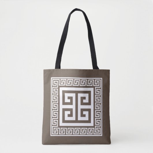 Tote Bag Clé grecque Motif blanc et design Brown (Devant)