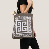 Tote Bag Clé grecque Motif blanc et design Brown (De près)