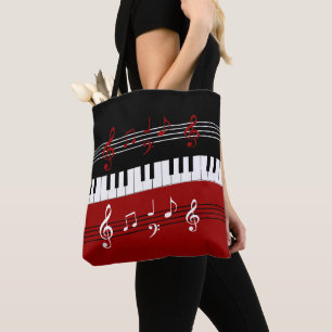 Tote Bag Clés et notes de piano blanc rouge noir élégant